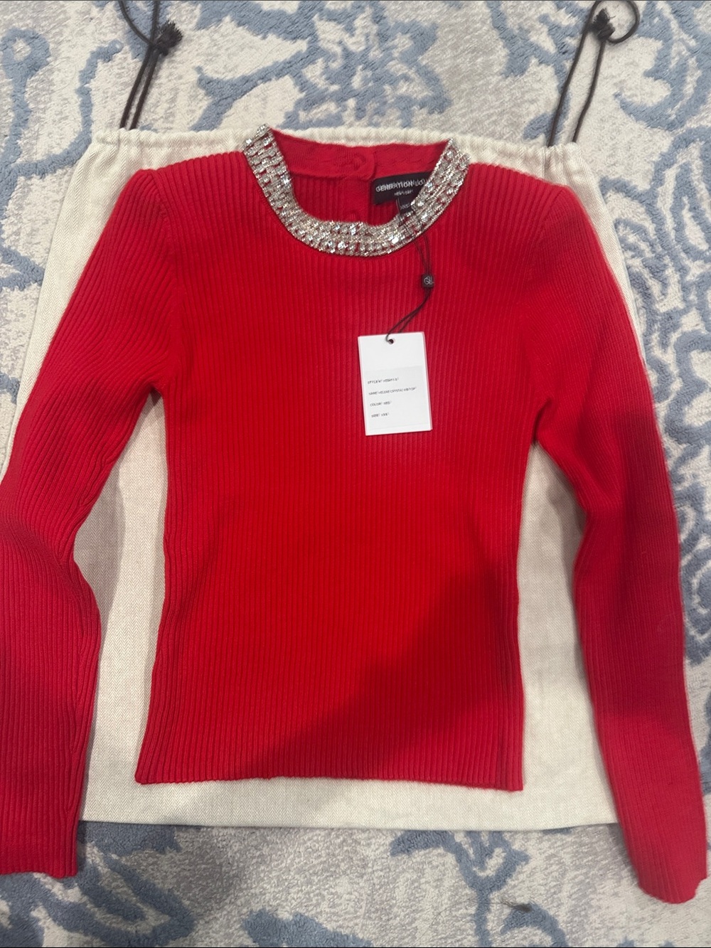 Generation Love Embellished Jewel-Neck Red Ribbed Sweater
